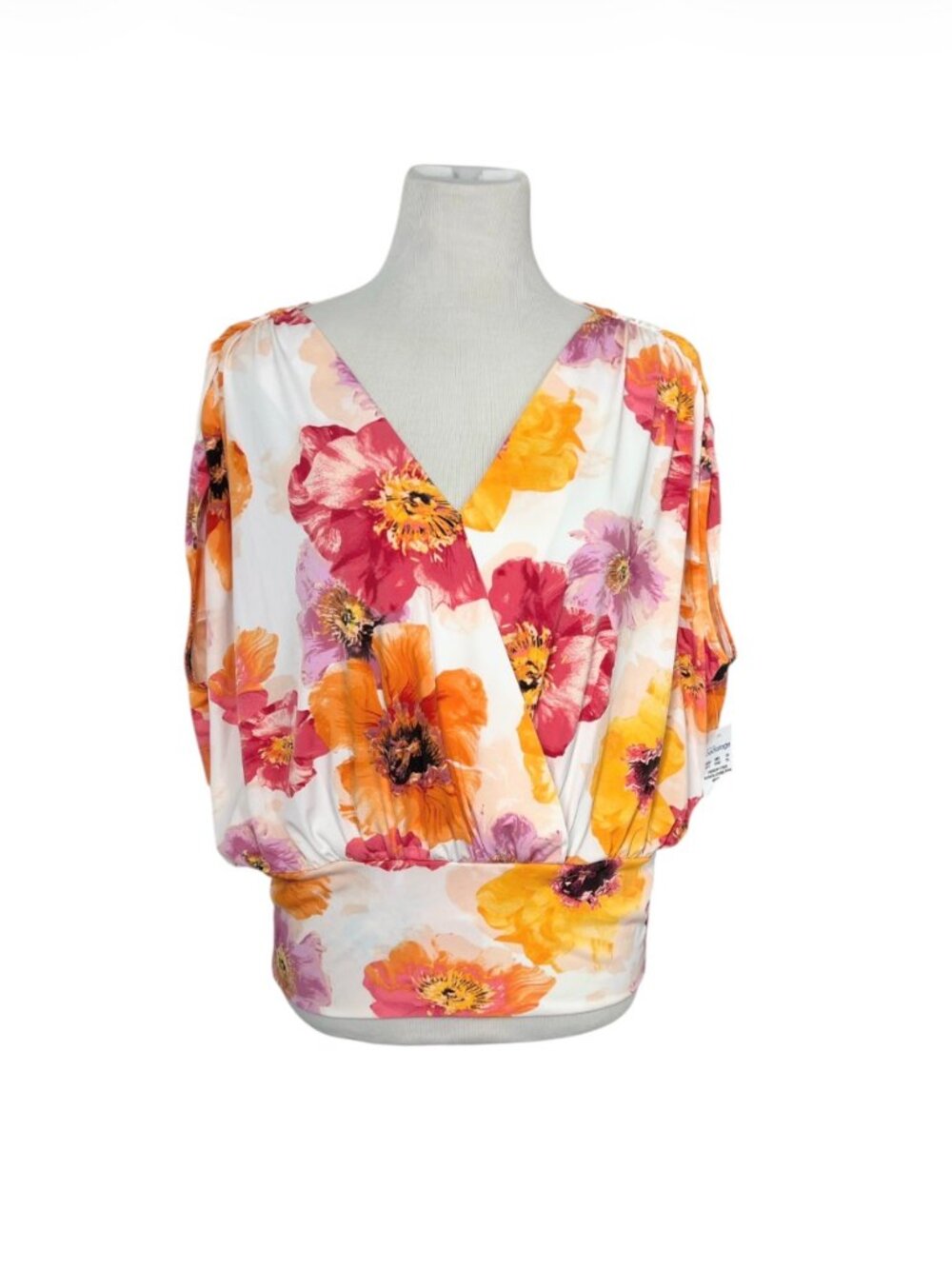 INC International Concepts Floral Surplice Blouson Top M Dolman Ruched NWT